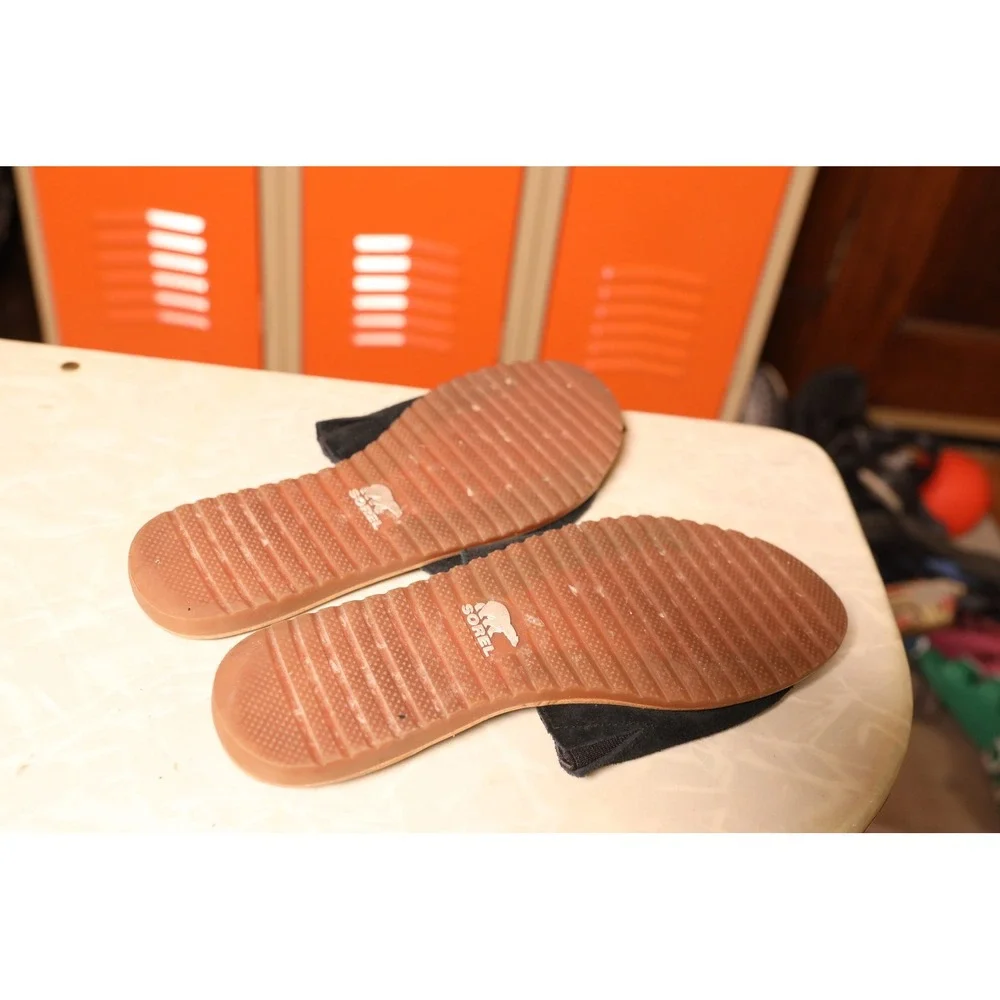 Sorel Ella Slide Black‎ Suede Metallic Flat Sandals Womens 8.5 NL3525-010